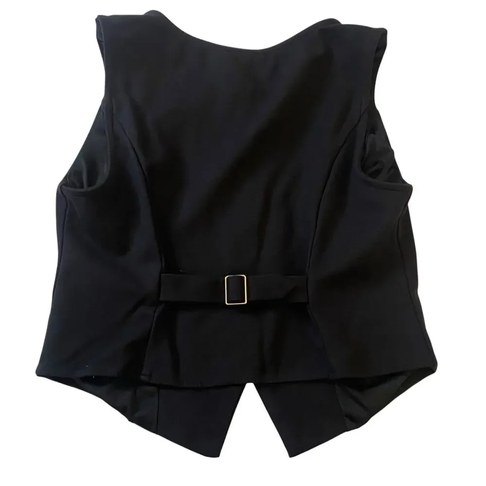 Women's Classic Size Medium Black Sleeveless Button-Front Vest with Gold Buttons